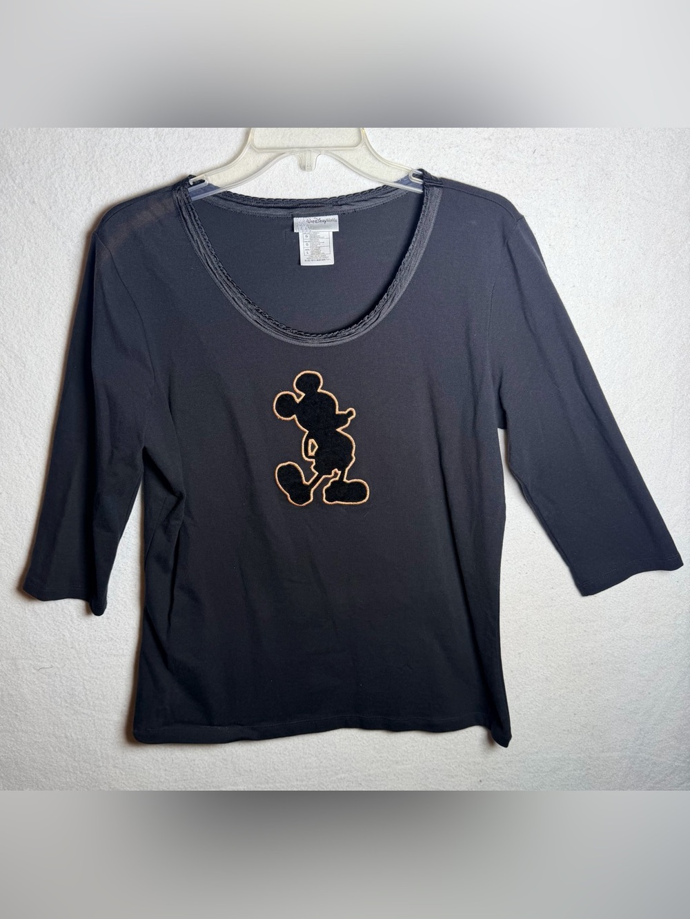Disney Mickey Mouse 3/4 Sleeve Scoop Neck Top Satin Trim Velvet Large Cotton